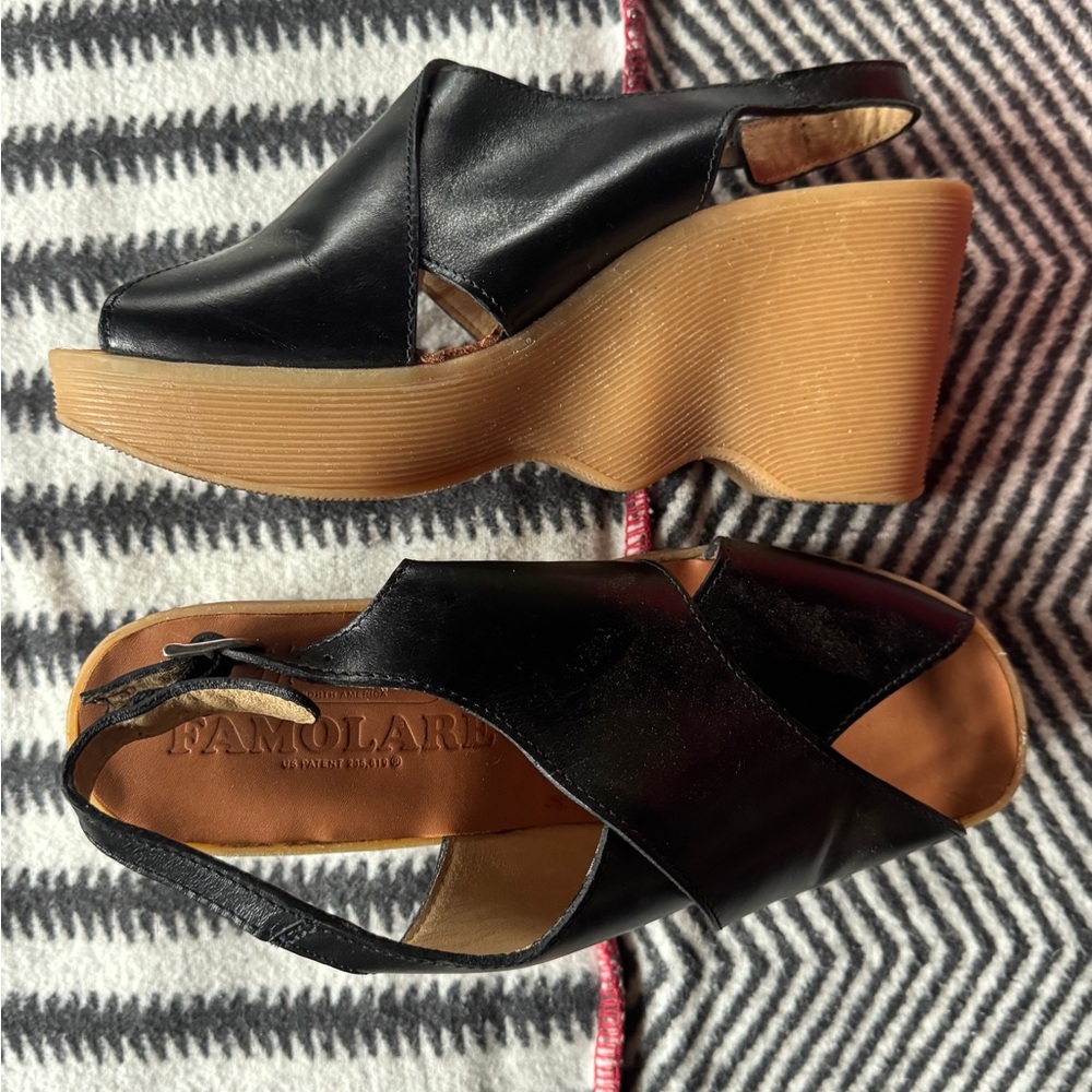 black leather famolare wedges with iconic wavy sole